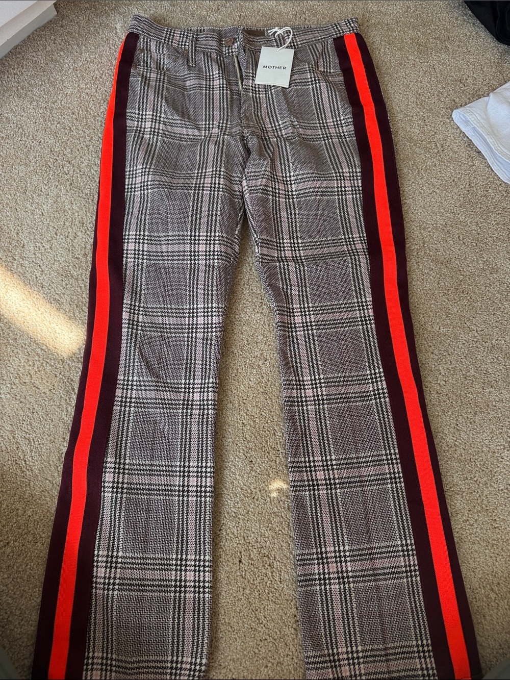 MOTHER Gray Plaid Chinos with Red Stripe